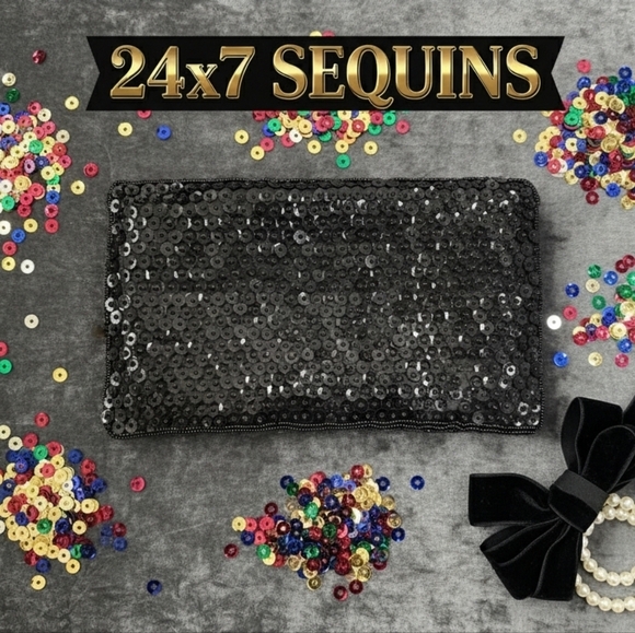 Vintage Handbags - Vintage Black Sequin Evening Clutch Bag